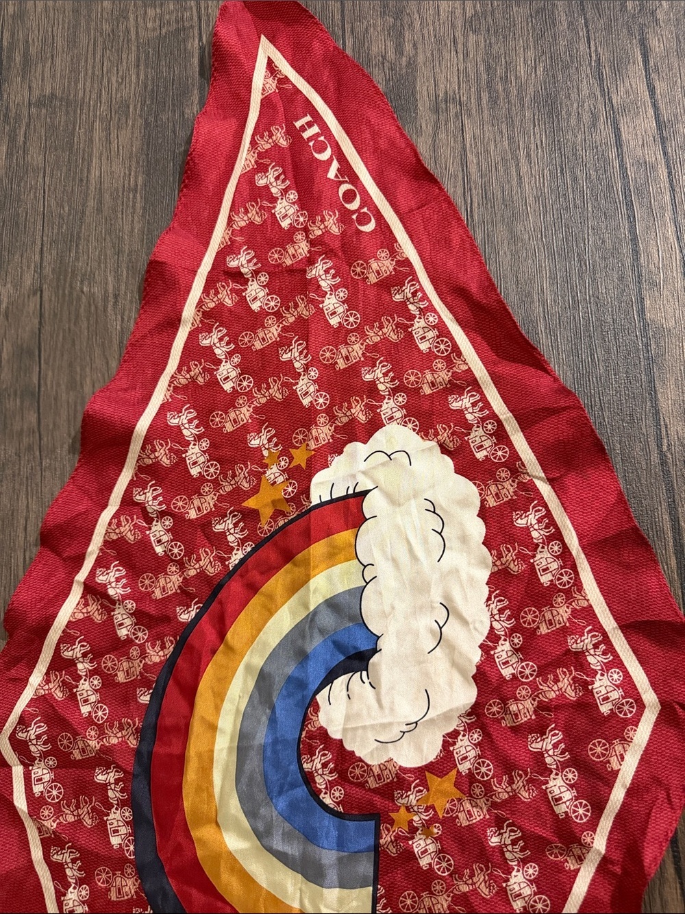 COACH HORSE AND CARRIAGE RAINBOW PRINT SILK DIAMOND SCARF - Picture 4 of 6